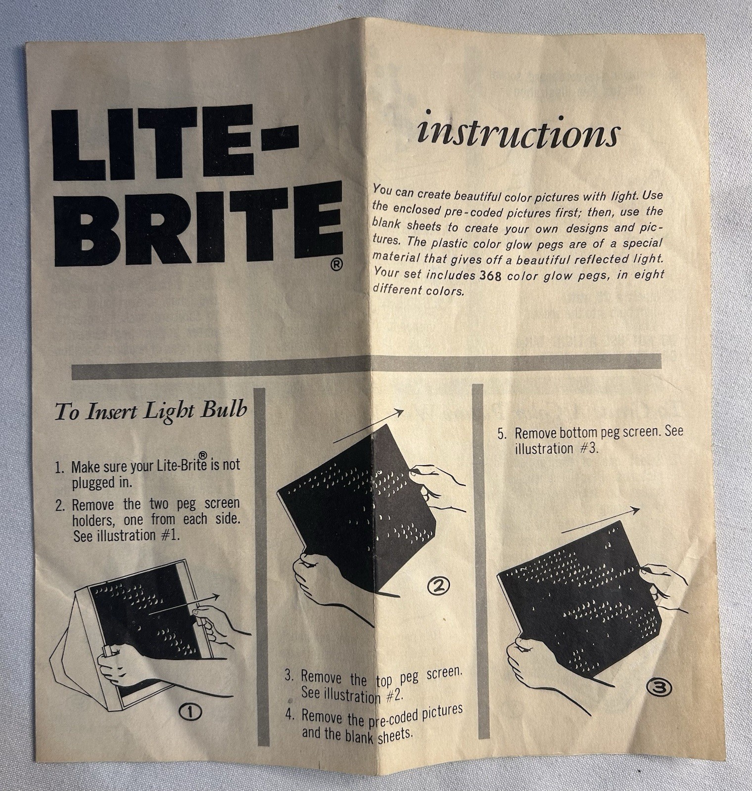 Vintage Lite-Brite Lot w/ Instructions, Accessory Kit, 575 Bulbs, Unused Sheets