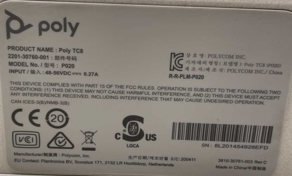 Polycom Poly TC8 P020 Touch Control Screen Display