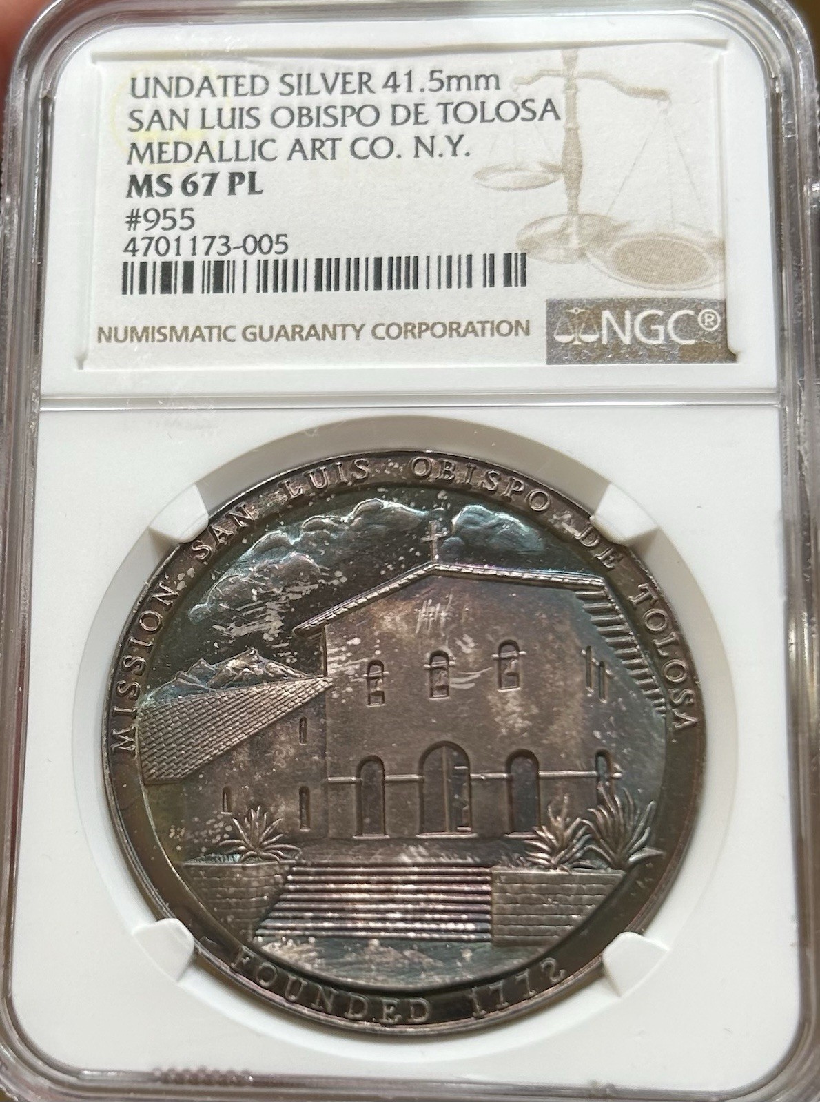 Medallic Art Co San Luis Obispo De Tolosa Silver Medal NGC MS67 PL Toner!