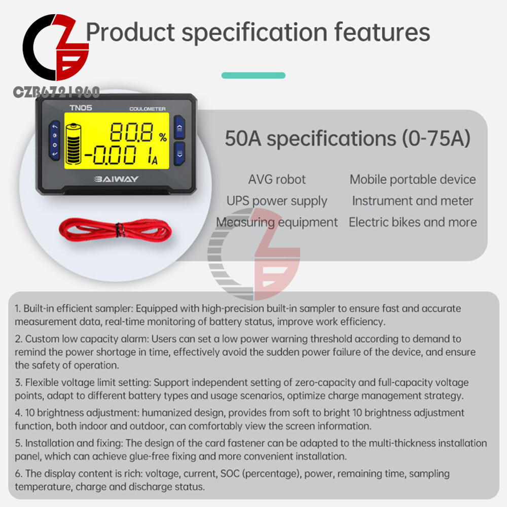 DC Voltage Current Power Meter Battery Power Indicator Built-in Sampler DC 8~80V