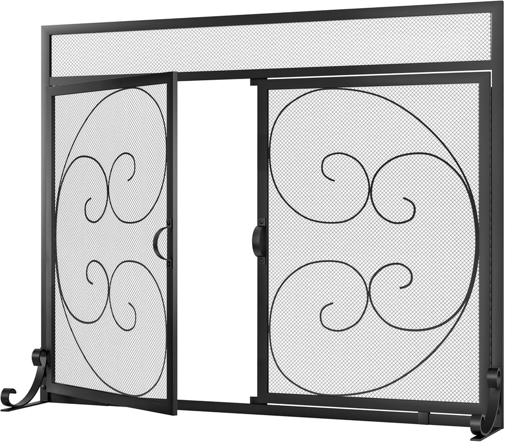 Fireplace Screen with Magnetic Doors,Handcrafted Wrought Iron Classical Scroll D