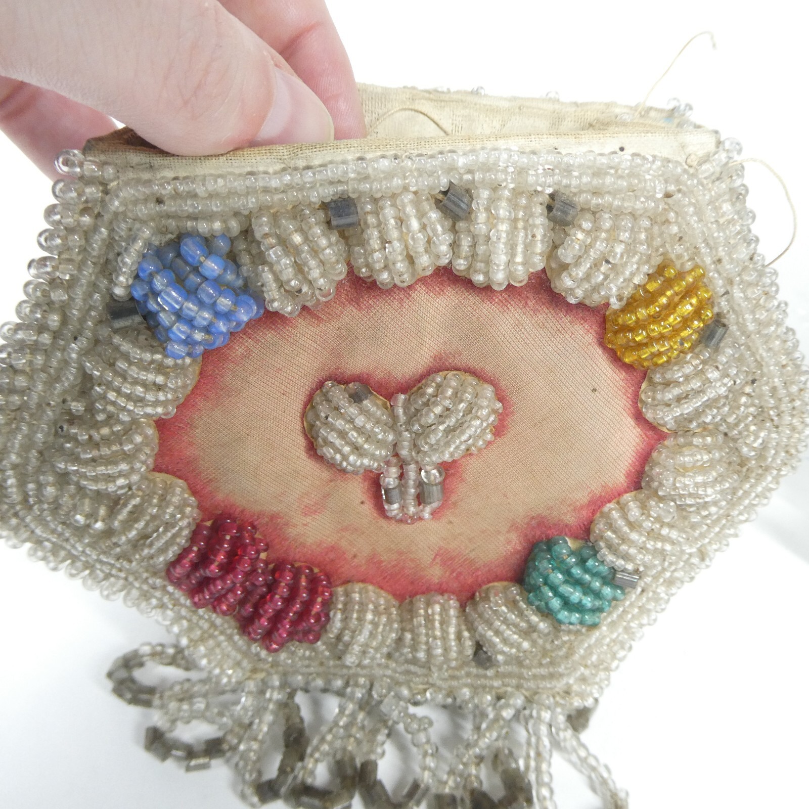 Beaded Purse Antique Iroquois? Fringed Beadwork Bag Whimsy AS IS