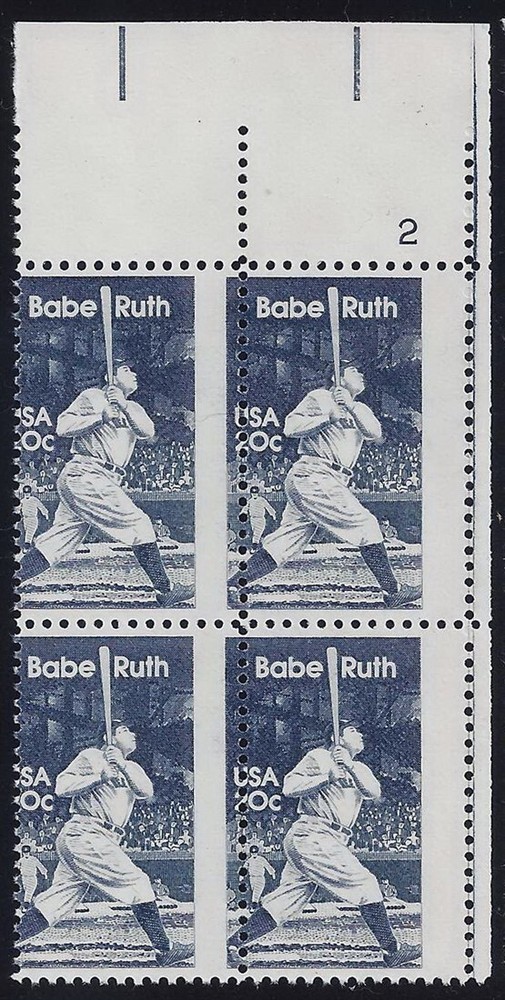 2046 - Scarce Misperf Error / EFO Pl# Block "Babe Ruth" Baseball Mint NH