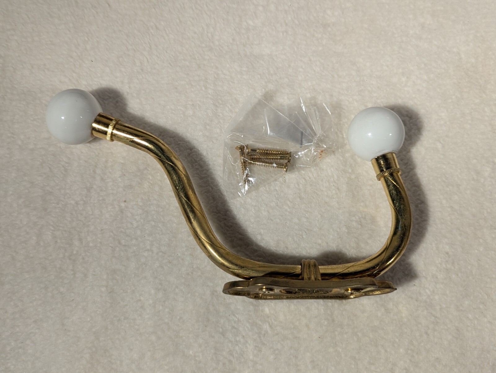 Vintage Brass Porcelain Knob Wall Mount Double Towel Hanger Coat Hooks NOS