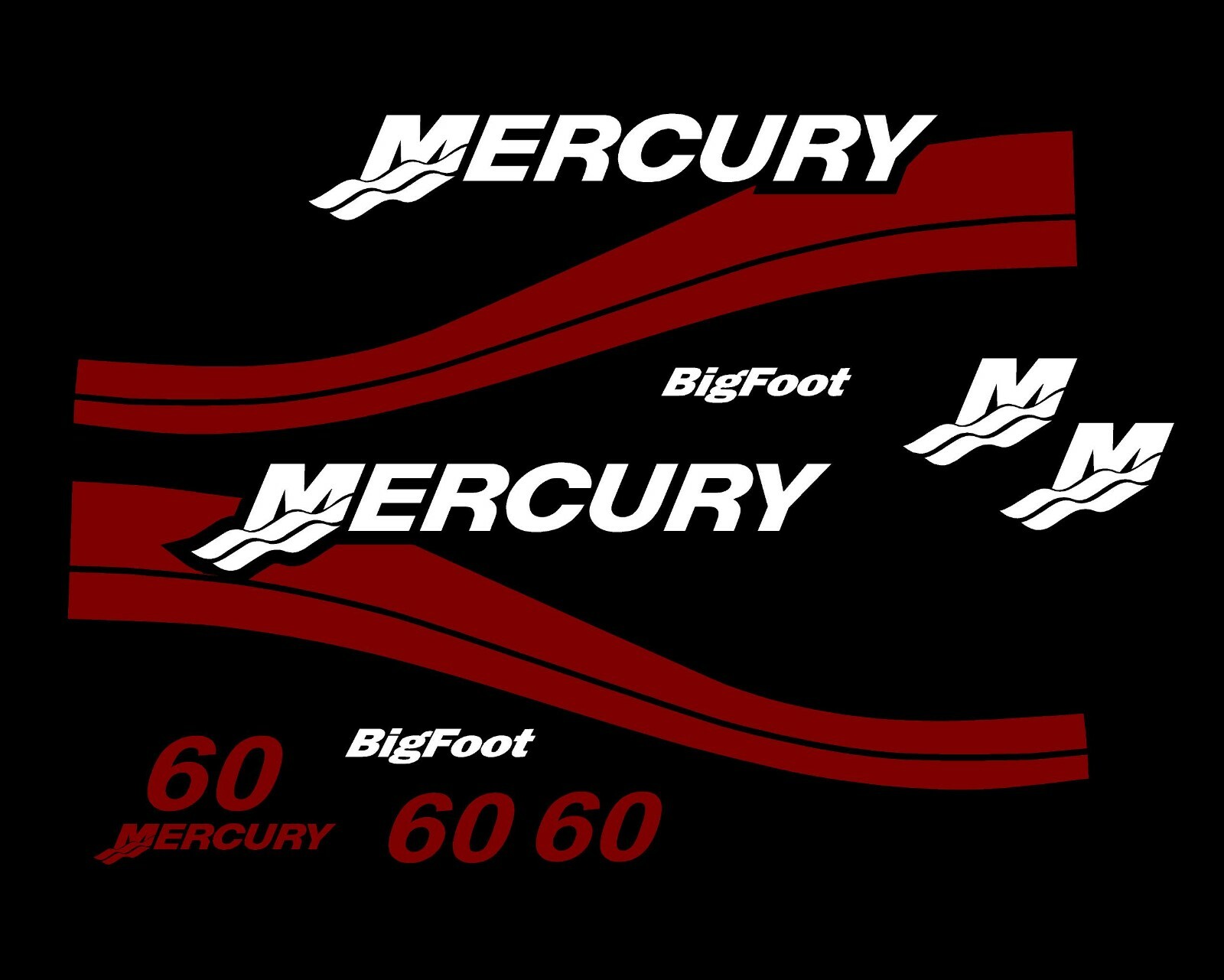MERCURY 60HP Bigfoot Boat Outboard Decal Kit Pontoon Fishing Cowling Burgundy