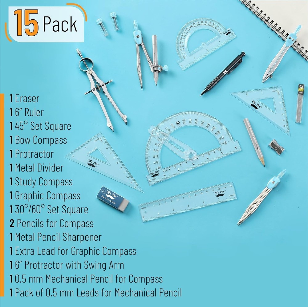 Light Blue 15-Piece Geometry Tools Set with Storage Case for Easy Organization