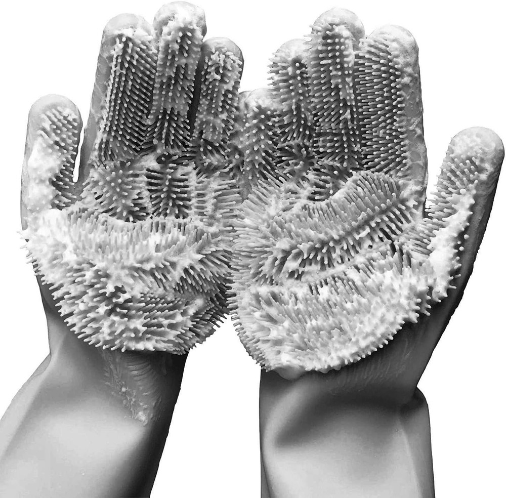 Silicone cleaning gloves with scrubber bristles