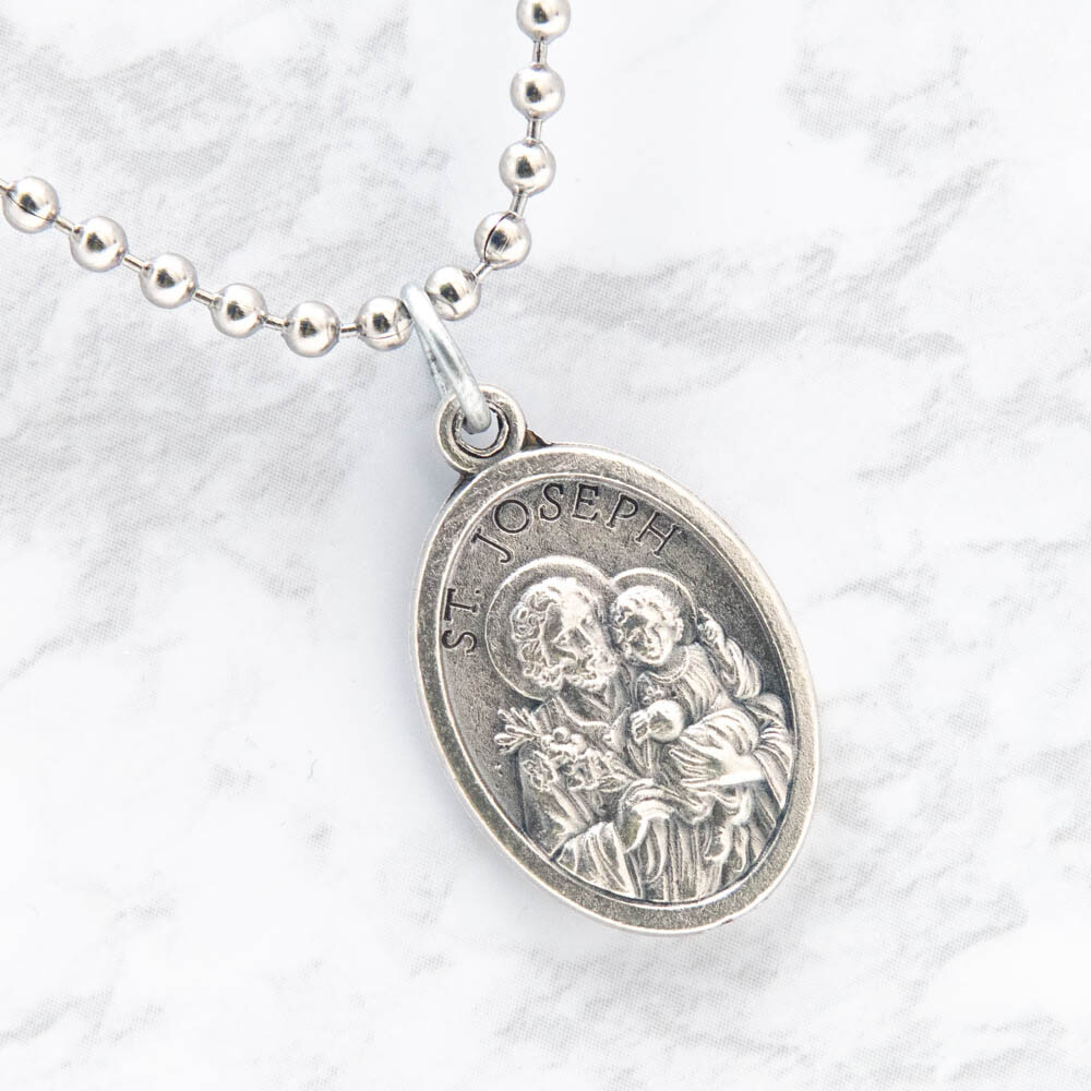 Patron Saint St Joseph Pray For Us 1" Medal Pendant Necklace 24" Chain Italy