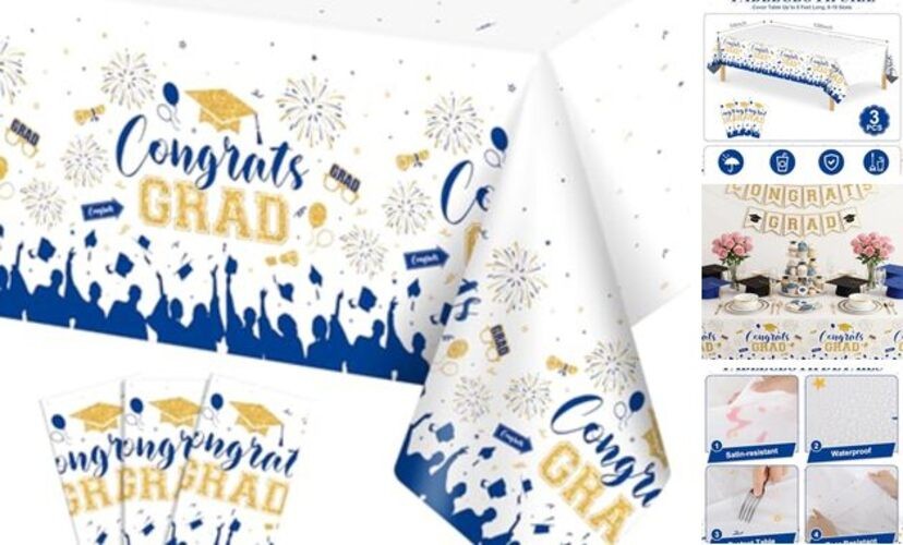 3 Pack Plastic Graduation Tablecloth, Graduation Blue White Graduation