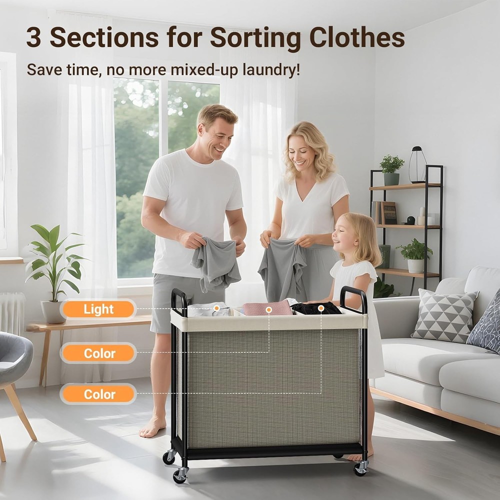 Laundry Hamper 3 Section 120L Rolling Laundry Sorter W/ Removable Liner Bag
