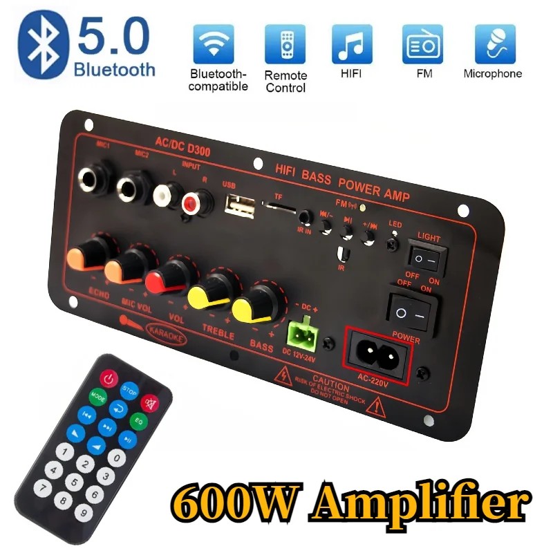 Bluetooth 5.0 600W Amplifier Board, Dual Mic Input, AUX, Remote Control