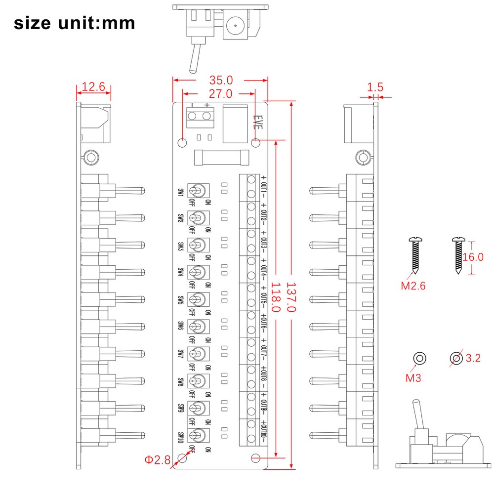 Evemodel 3V-24V DC Individual Toggle Switch Power Distribution Module 10 Channel