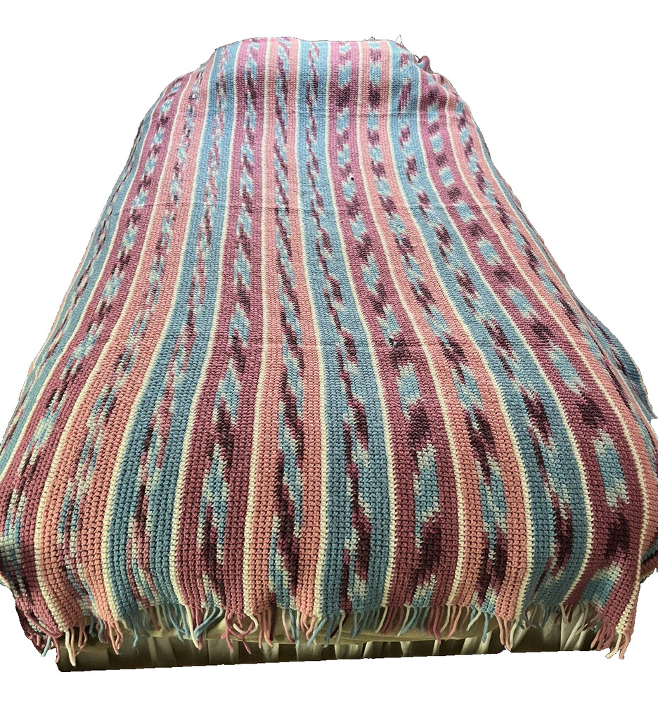 HANDCRAFTED CROCHET AFGHAN  Blanket Pinks Blue Vertical Pattern 82” x 48”