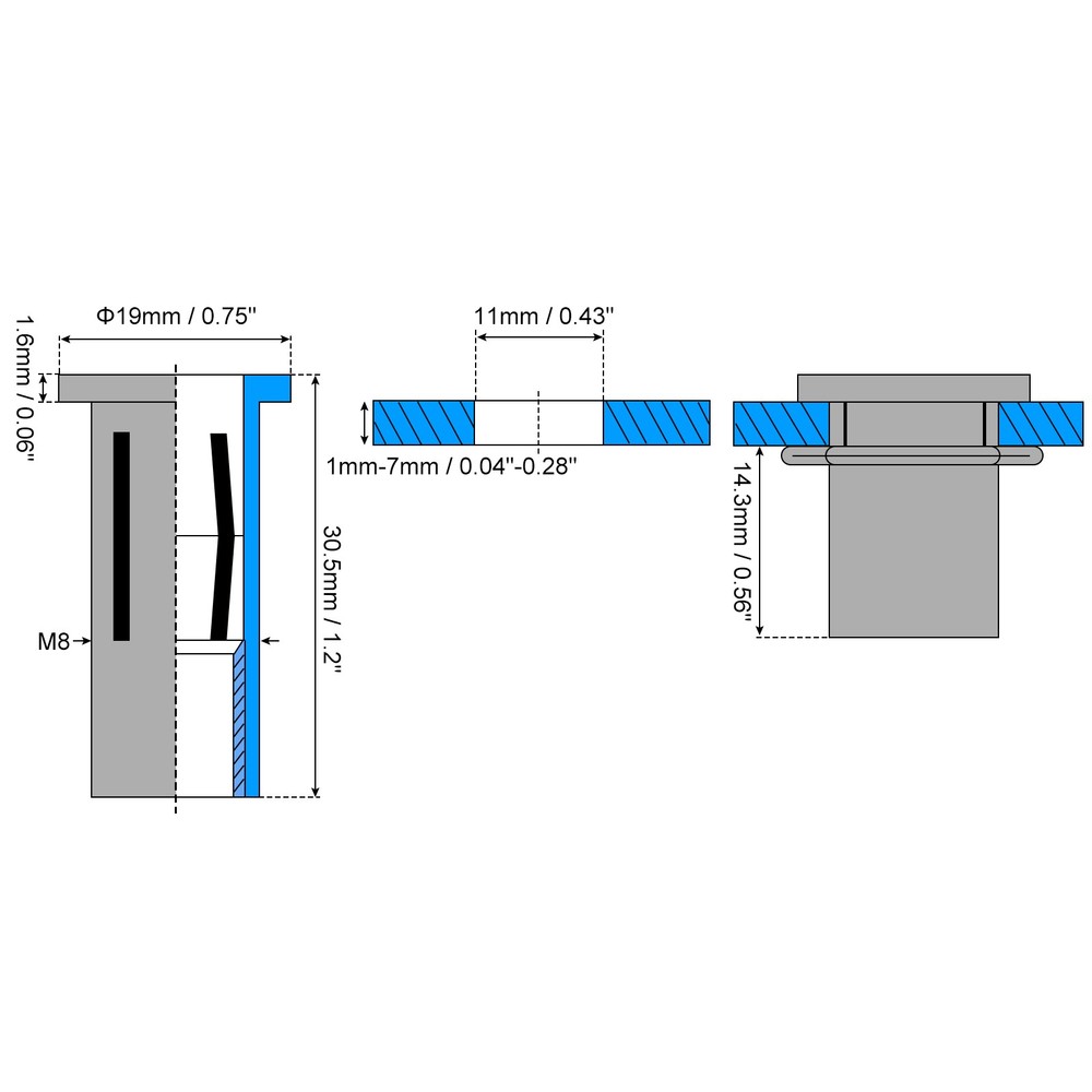 10pcs M8 Multi-Grip Rivet Nuts Pre-Bulbed Shank Flat Head Threaded Insert Nut