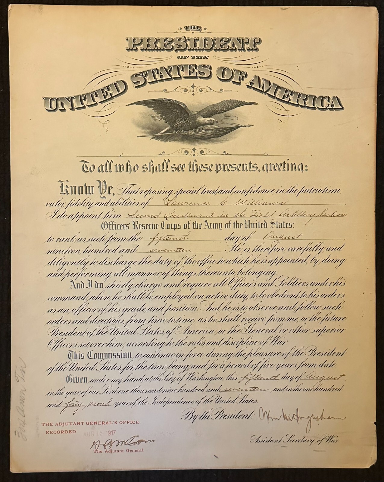 WW1 Officer Commission signed by William Ingraham and Henry McCain - World War 1