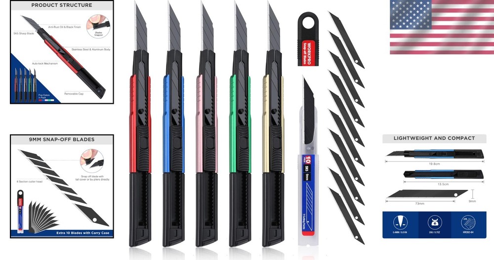 Durable Utility Knife with Retractable Blade & 10 Extra Blades