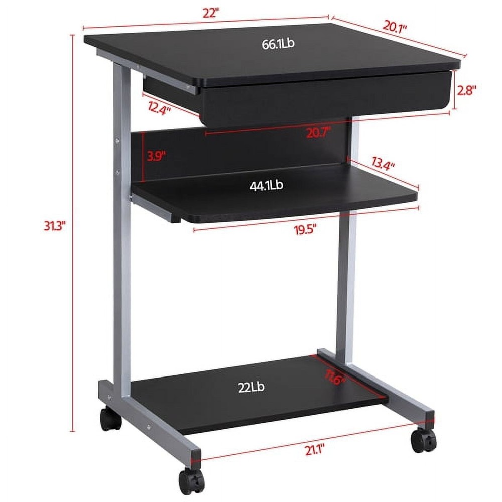 Rolling Computer Desk W 2 Storage Shelves & Drawer Black Mobile Workstation