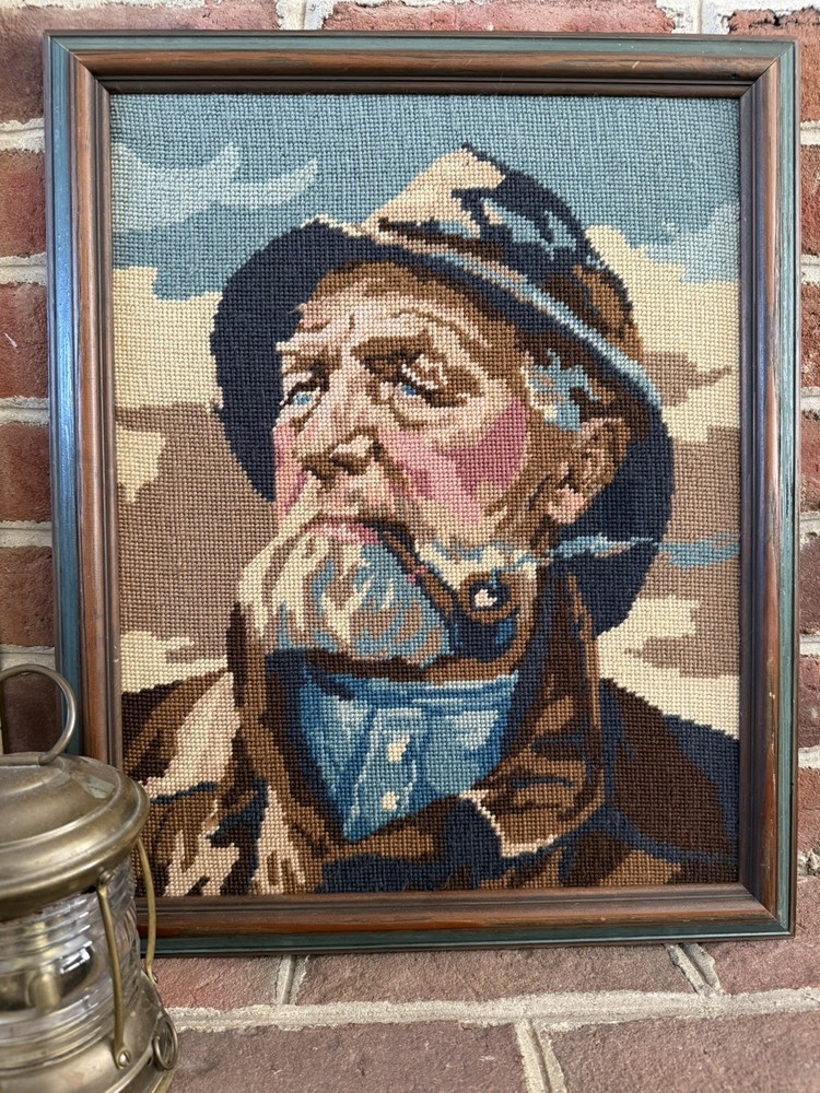 Old Sailor Needlepoint Framed Nautical Cape Cod Vintage