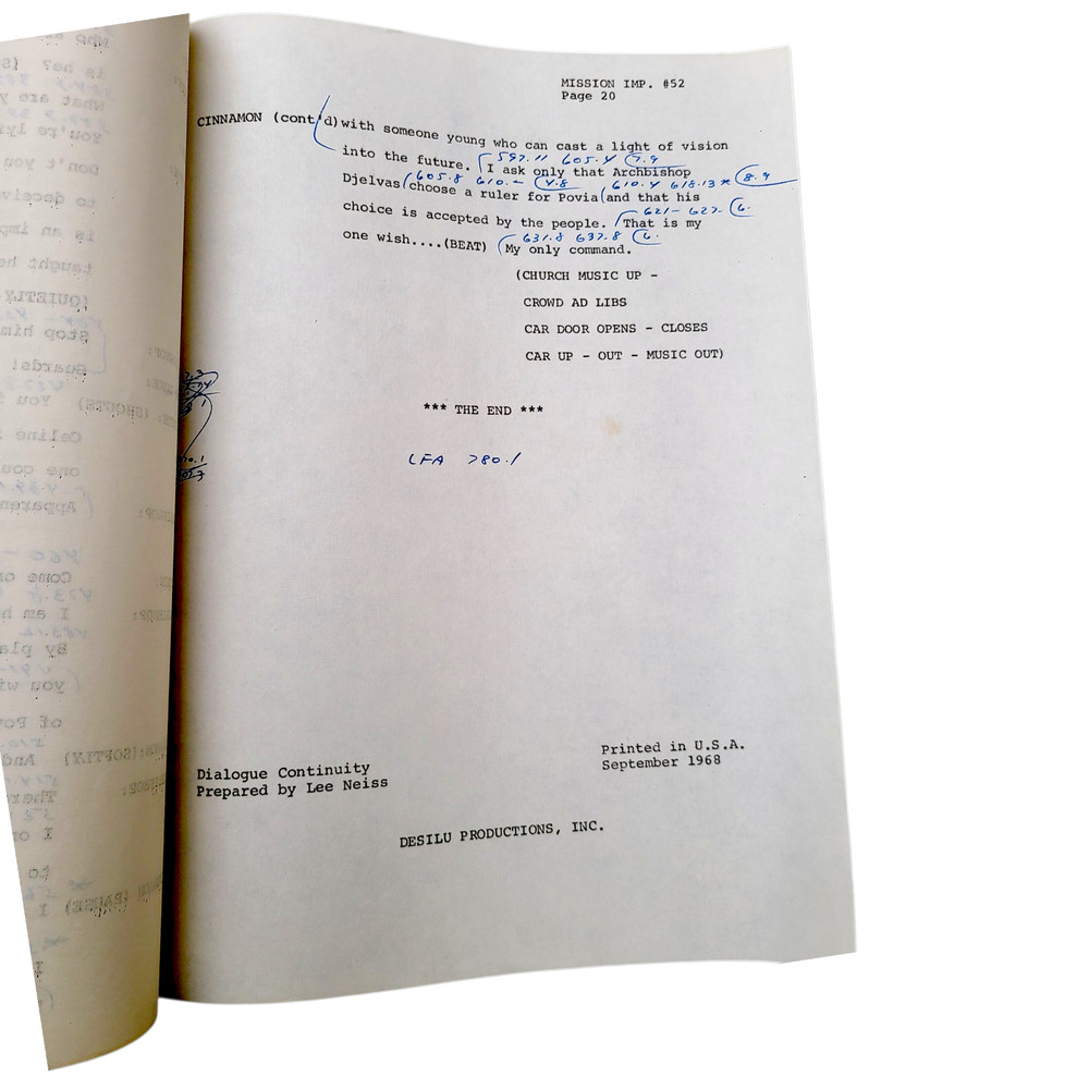 MISSION IMPOSSIBLE 1969 TV Show Dialogue Continuity Script +Spotting Script Vtg