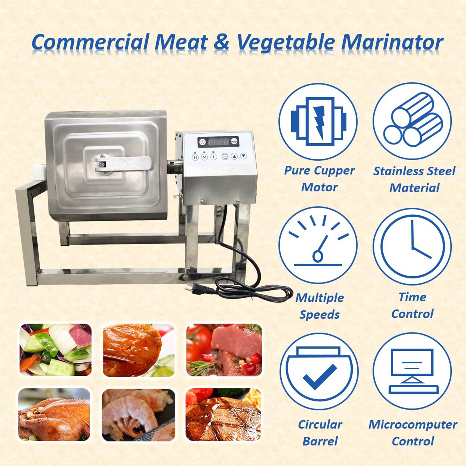 Used 15QT Circular Meat Vegetable Tumbler Marinator110V Microcomputer Marinating