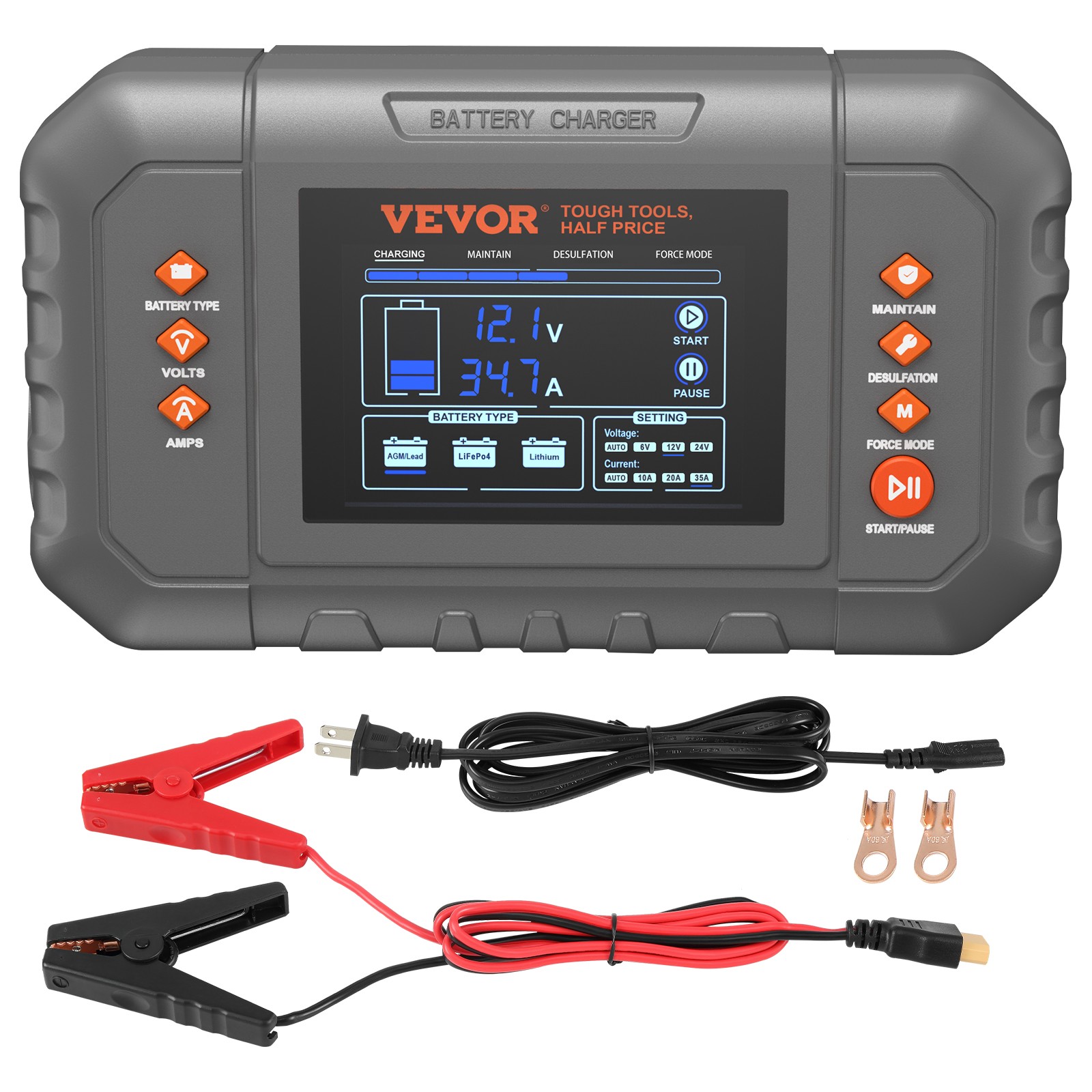 VEVOR Smart Battery Charger 35A Lithium LiFePO4 Lead-Acid Car Battery Charger