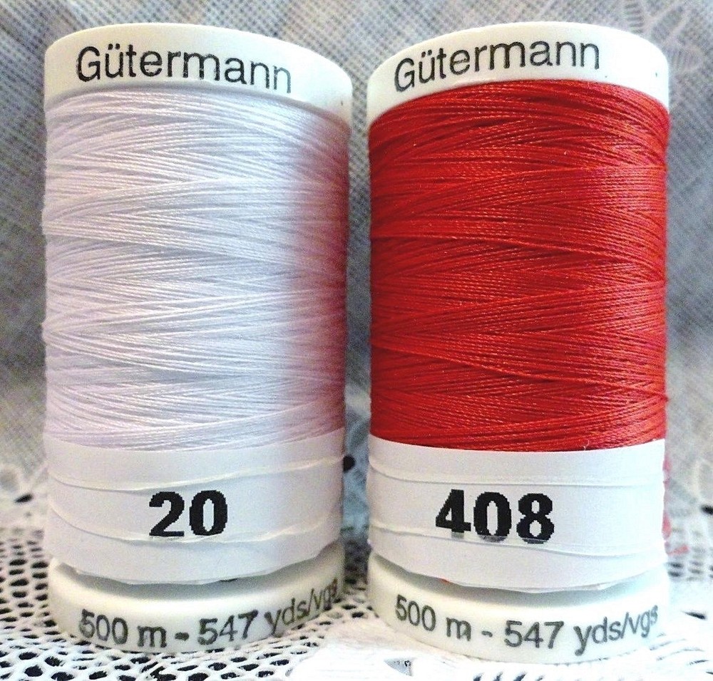 NEW White & Red GUTERMANN 100% polyester sew-all thread 547 yards Spools