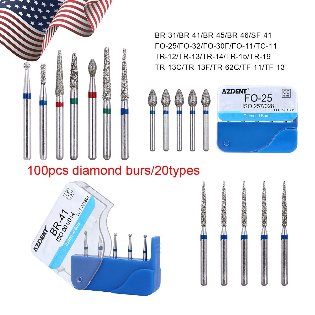 100Pcs AZDENT Dental Diamond Burs High Speed Handpiece Friction Grip 20 Types