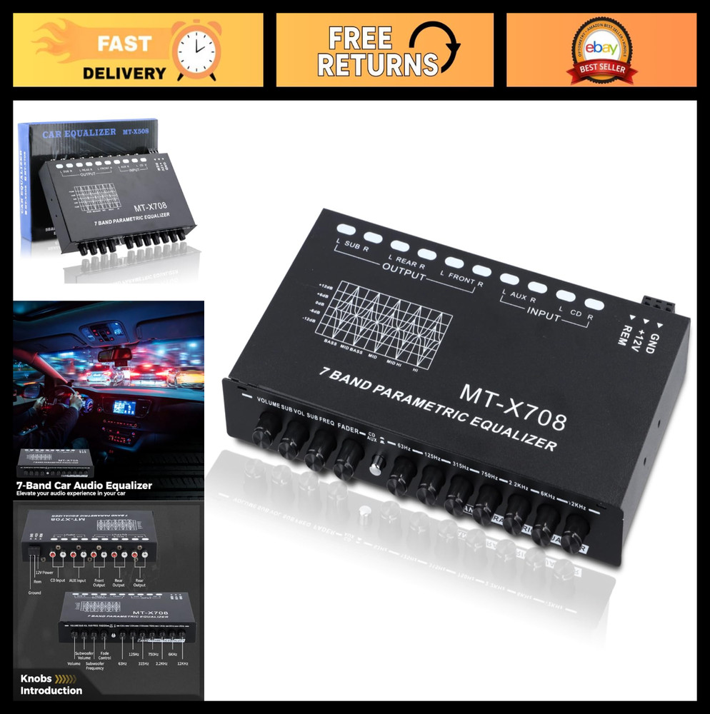 7-Band Car Audio Equalizer with Subwoofer Outputs, Adjustable EQ for Amplifier