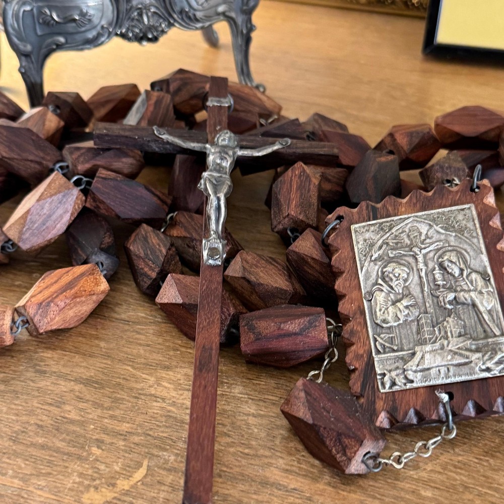 Vintage Wood & Silver Plate Wall Rosary
