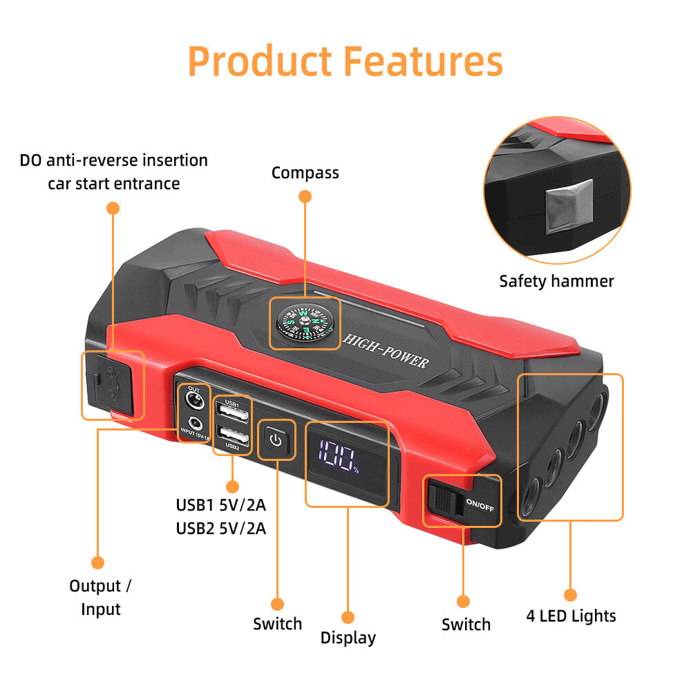 Vehicle Emergency Start Power Supply LED Emergency Light with Hazard Warning Function Dark