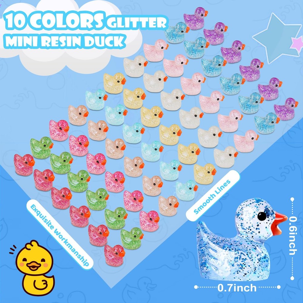 100pcs Mini Colorful Glitter Resin Ducks, Tiny Duck Miniature