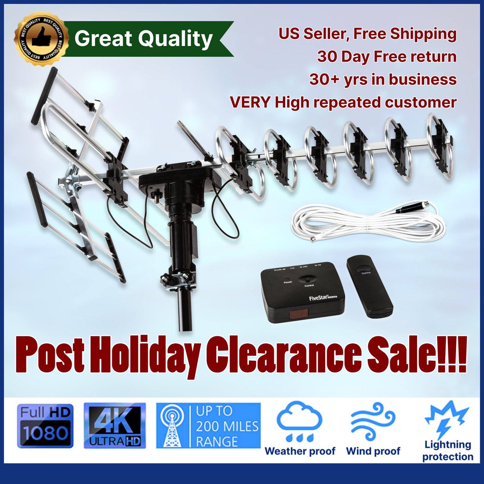 990 mile HDTV 1080P Outdoor Amplified Digital TV Antenna Rotor 360° UHF/VHF Home