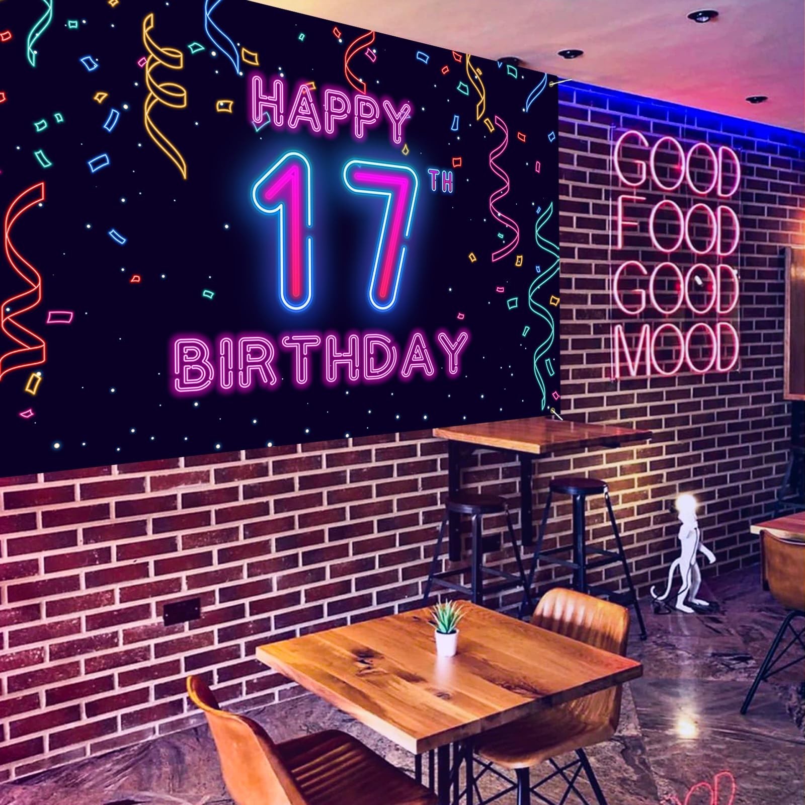 17th Neon Birthday Banner Backdrop, 17 Years Birthday Party Banner Let Glow P...