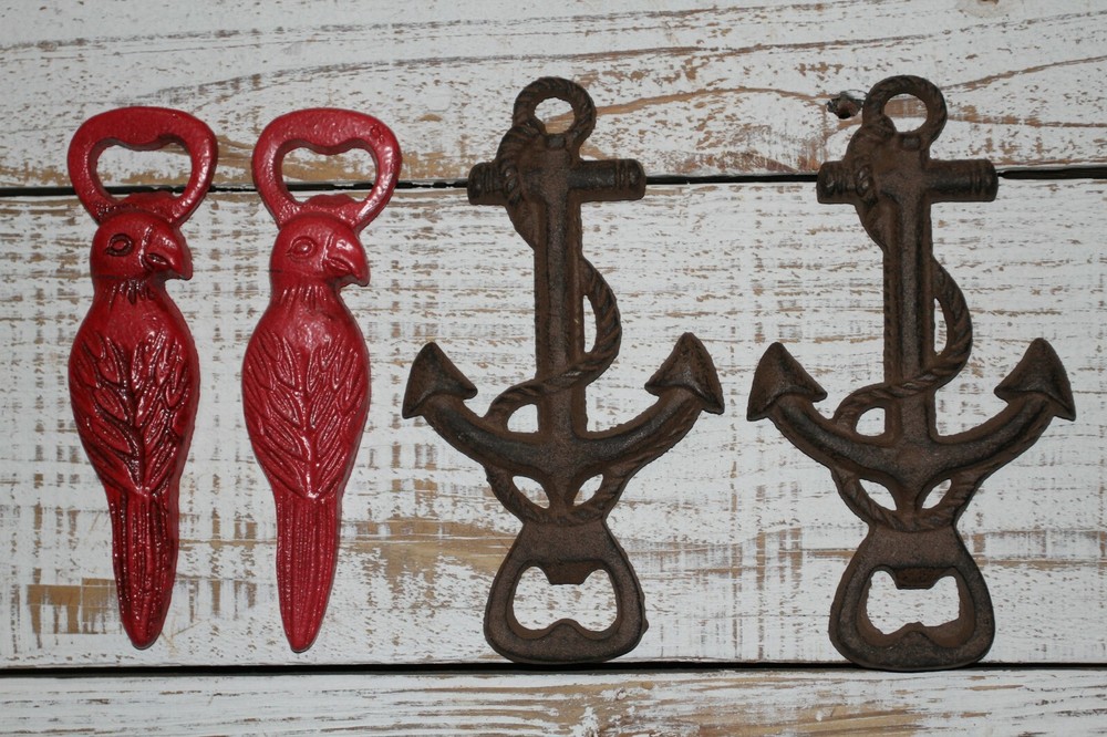 Parrot / Anchor Bottle Openers, Cast Iron, 4 items DB