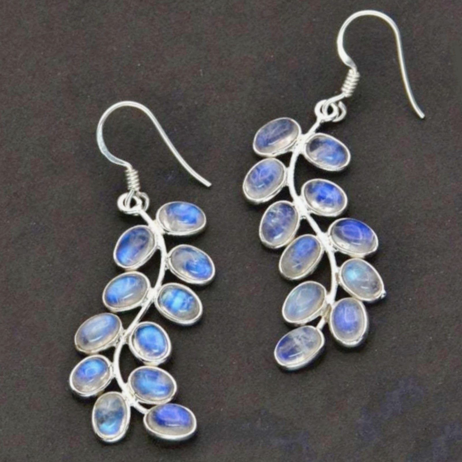 Women's Oval Moonstone Cluster Leaf Silhouette Silver Plated Dangle Earrings
