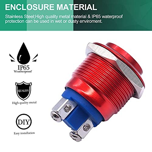 /19mm Waterproof Metal Shell Momentary Raised Top Push Button Switch Red