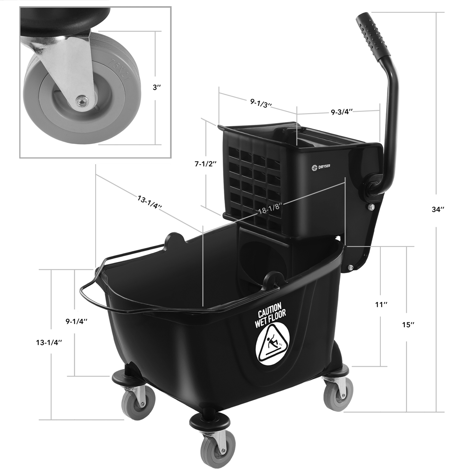 26 Quart Commercial Mop Bucket with Side Press Wringer, Black