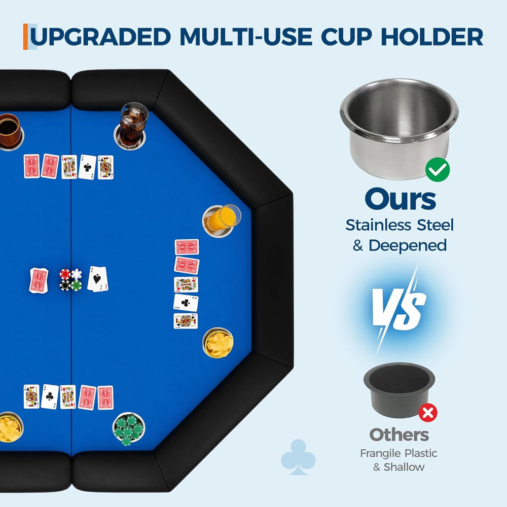 48" Poker Table Foldable, 8-Player Casino Table with Padded Rails, Stainless Ste
