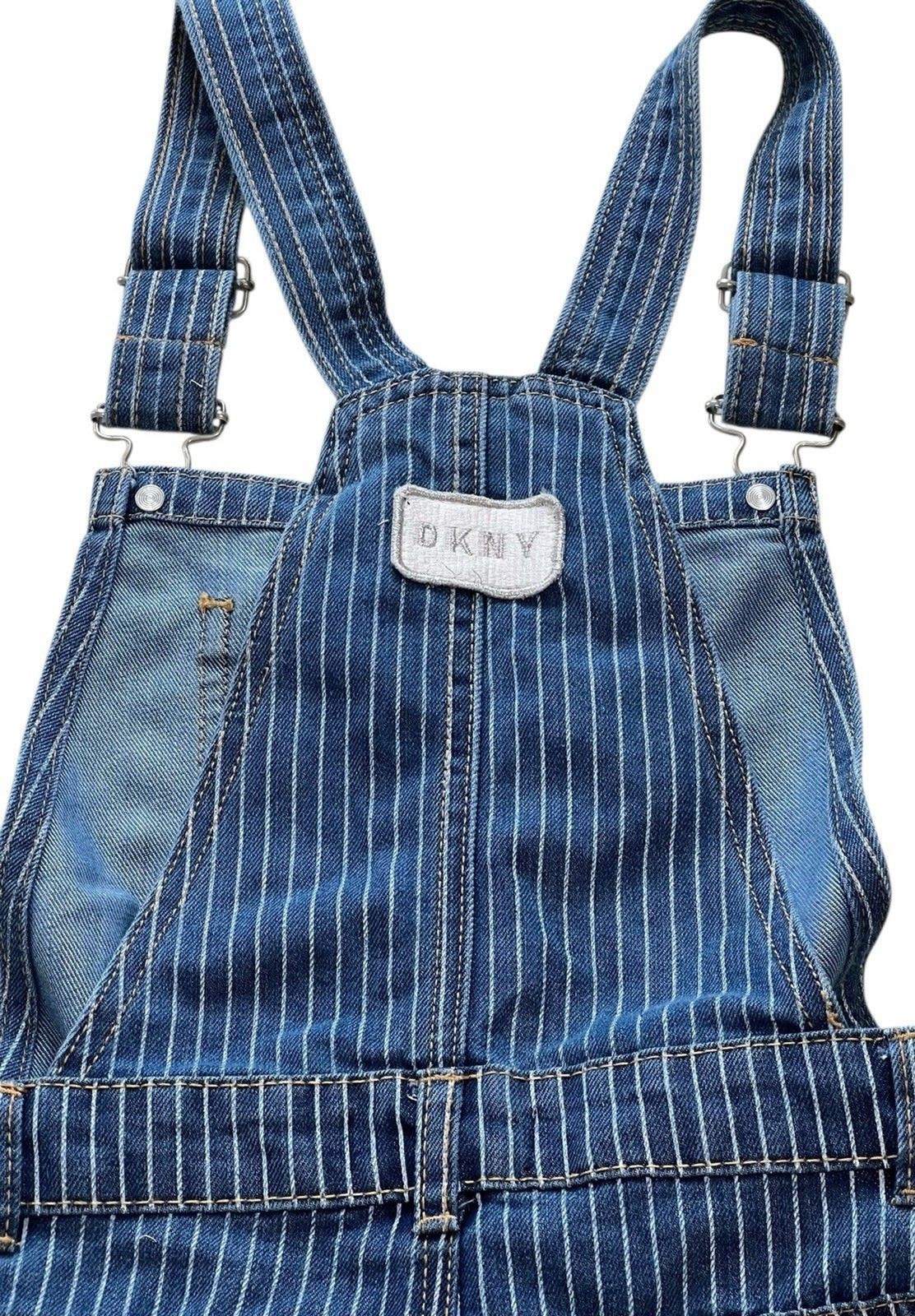 DKNY Girls Overall Shorts Blue White Stripe Adjustable Straps Size 14 Logo
