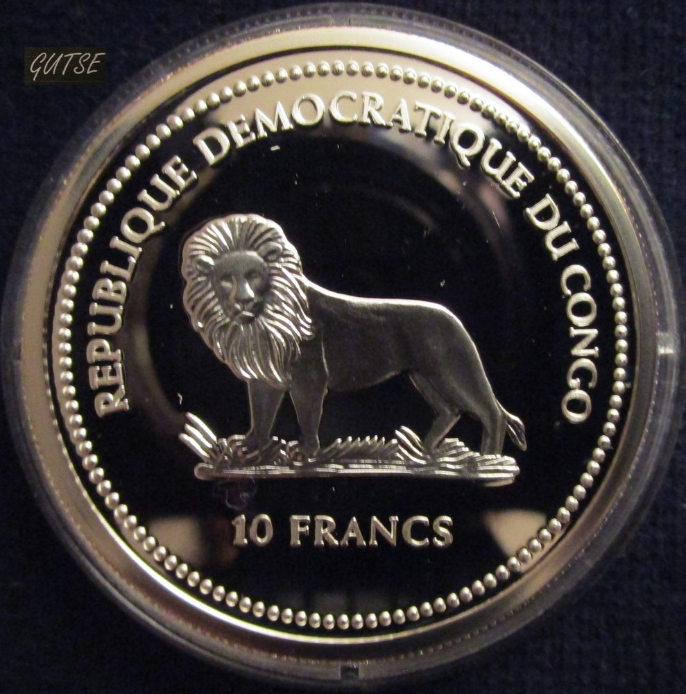 CONGO DEM. REP., 10 FRANCS 2003, SKUNK, SILVER, PROOF.