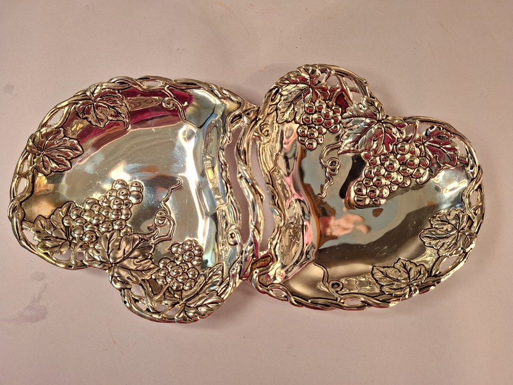 Godinger Silver Plated Double Heart Dish Grape Design Decor Gift
