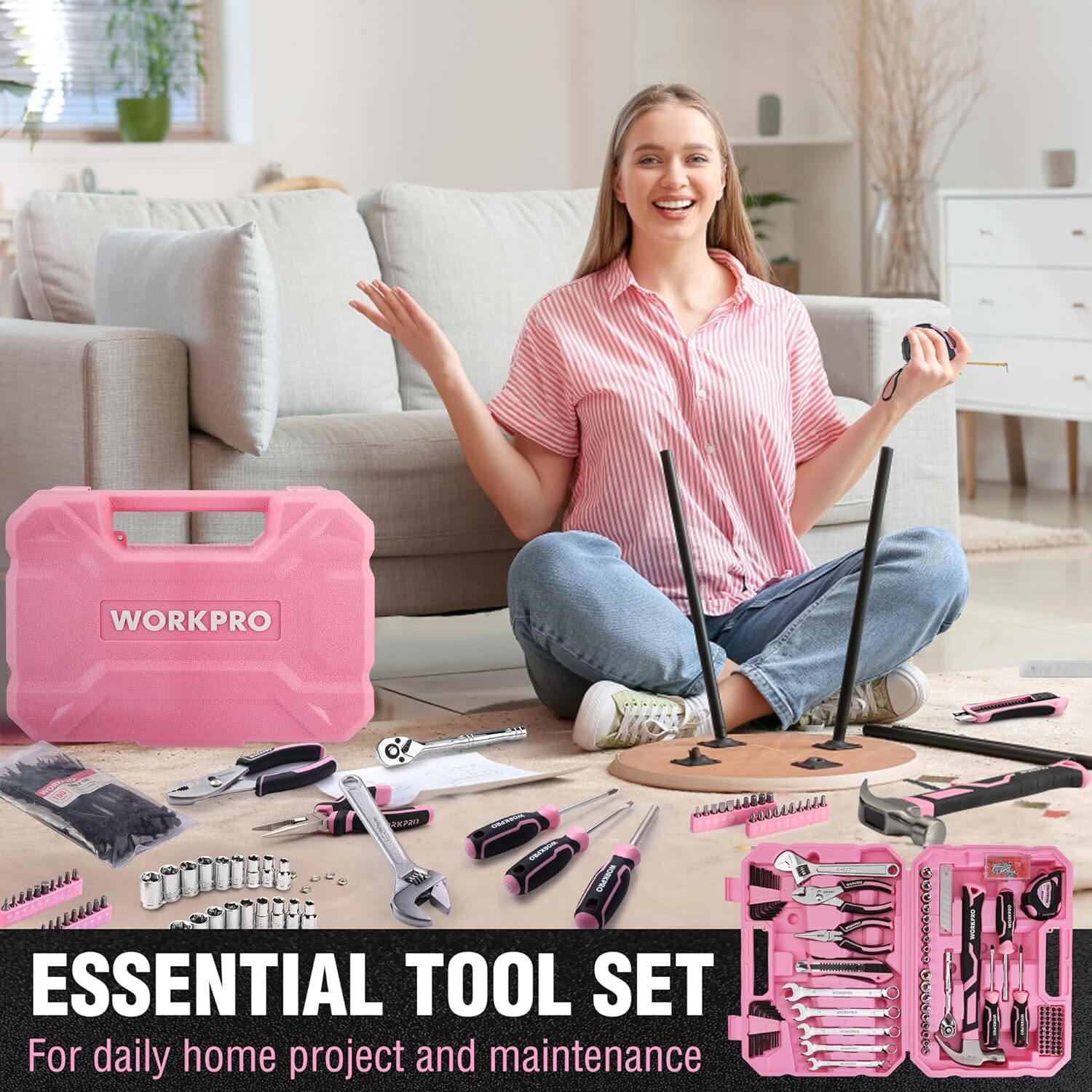 WORKPRO Pink Household Home Tool Kit, 284PC Mechanic Tool Set with Socket Set