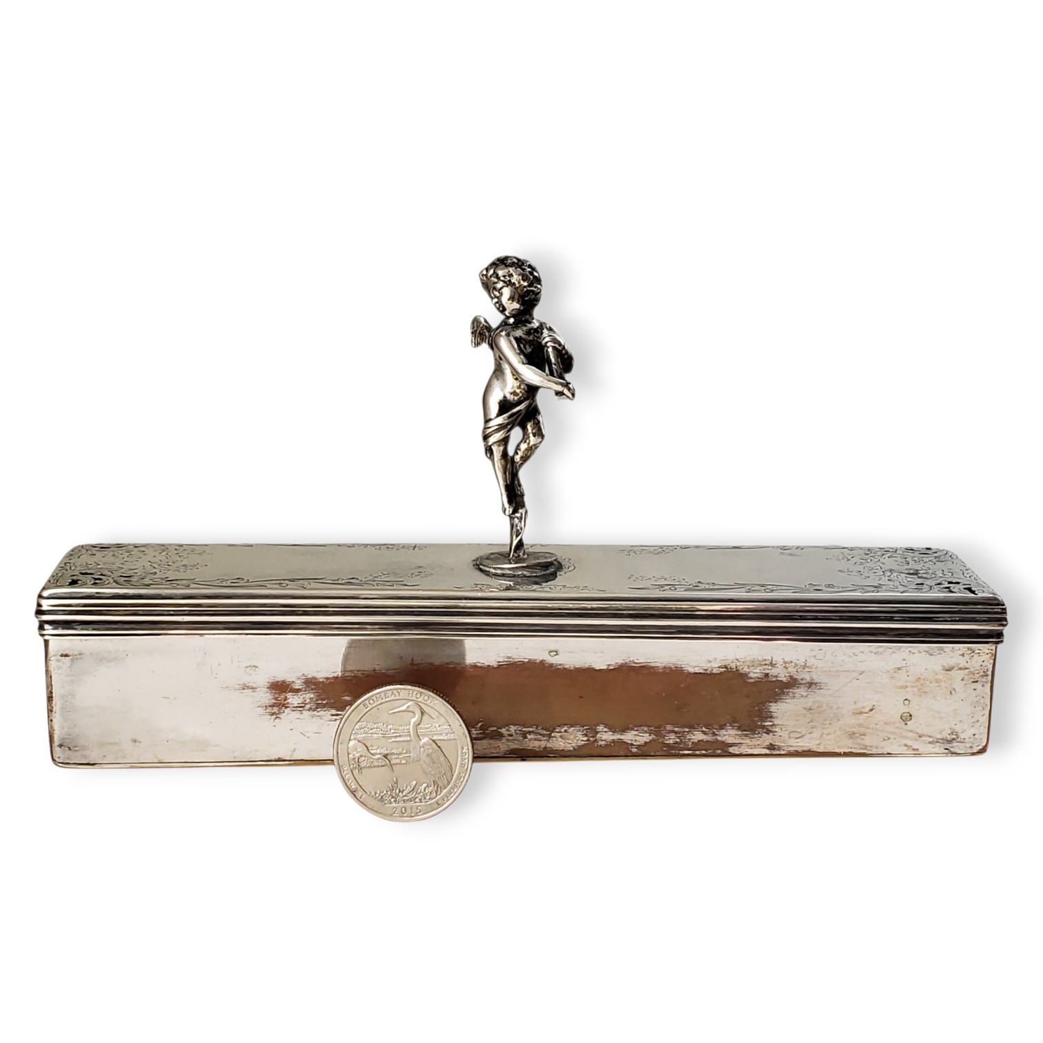 Antique 1840 Thomas Dicks Sterling Lid Cherub Handle Silver Plate Box London
