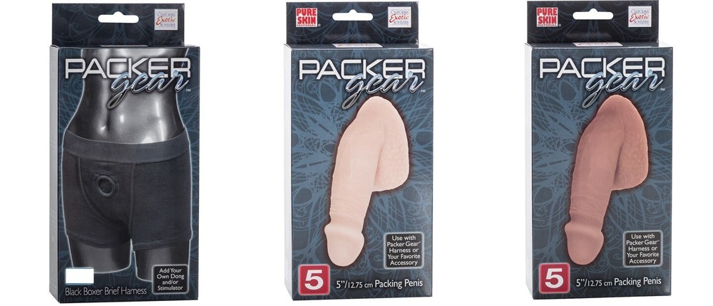 CalExotics Packer Gear Boxer Brief Harness & 5 Inch Realistic Dildo Bundle