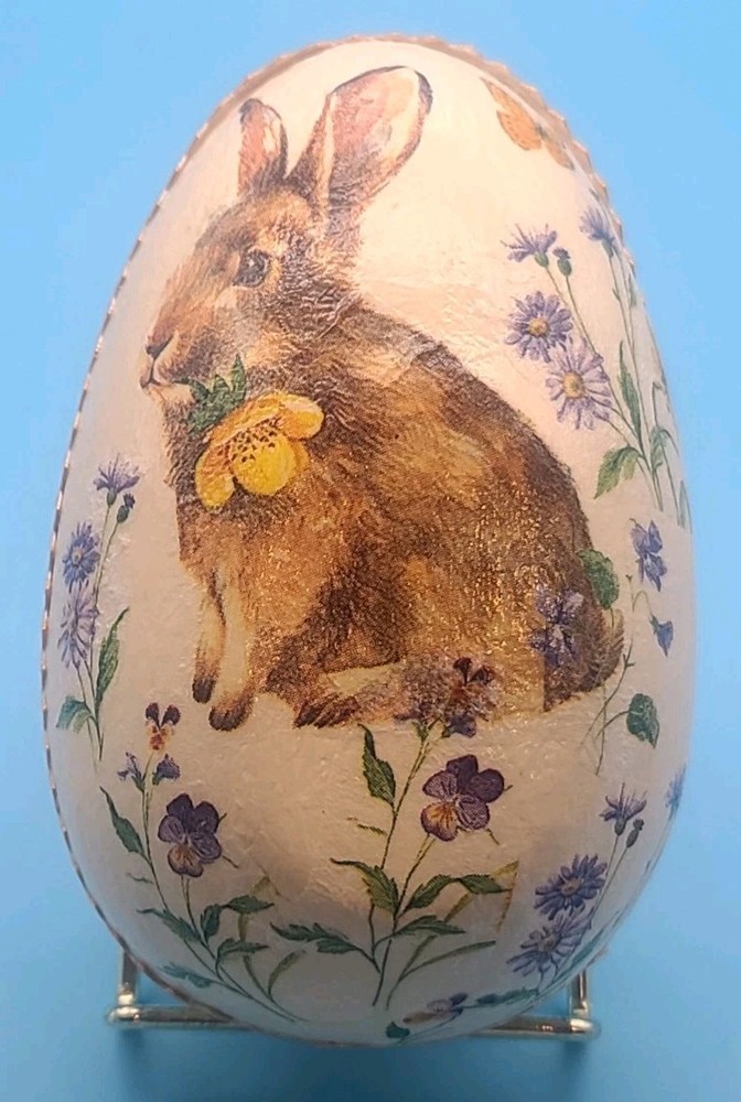 2 Hand Painted Decoupage Paper Mache Easter Egg Container Boxes Victorian Style