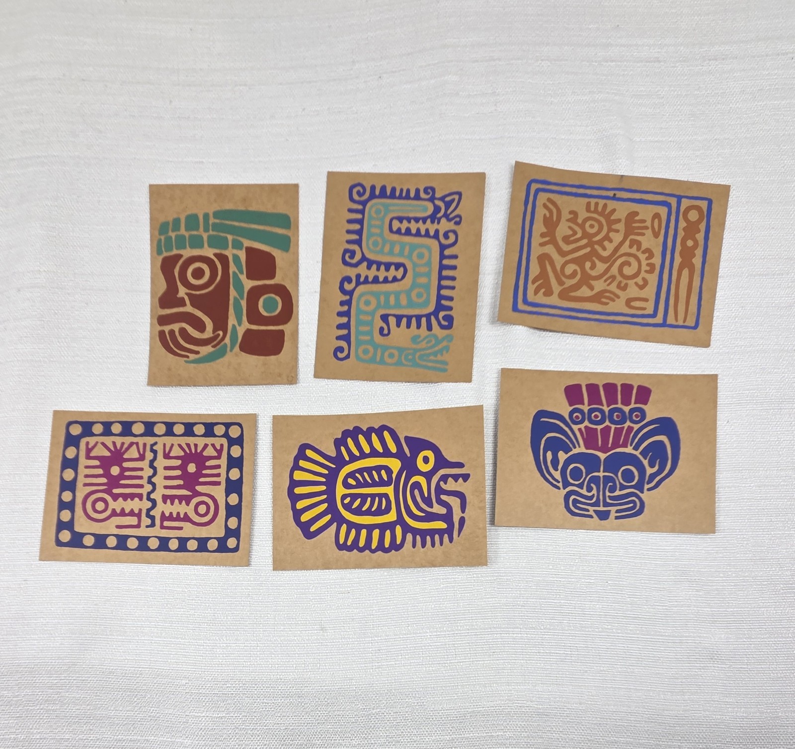 Aztec Folk Art Hand Stamped Postcards Set Of 6 Mexico Chicahuastli Colorful