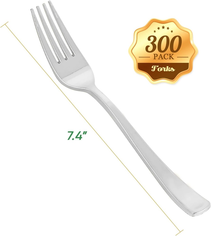FOCUSLINE 300 Pack Disposable Silver Plastic Forks, Solid and