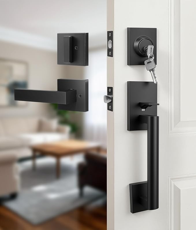 Exterior Door Handle with Deadbolt, Matte Black Front Door Lock Set, Reversible