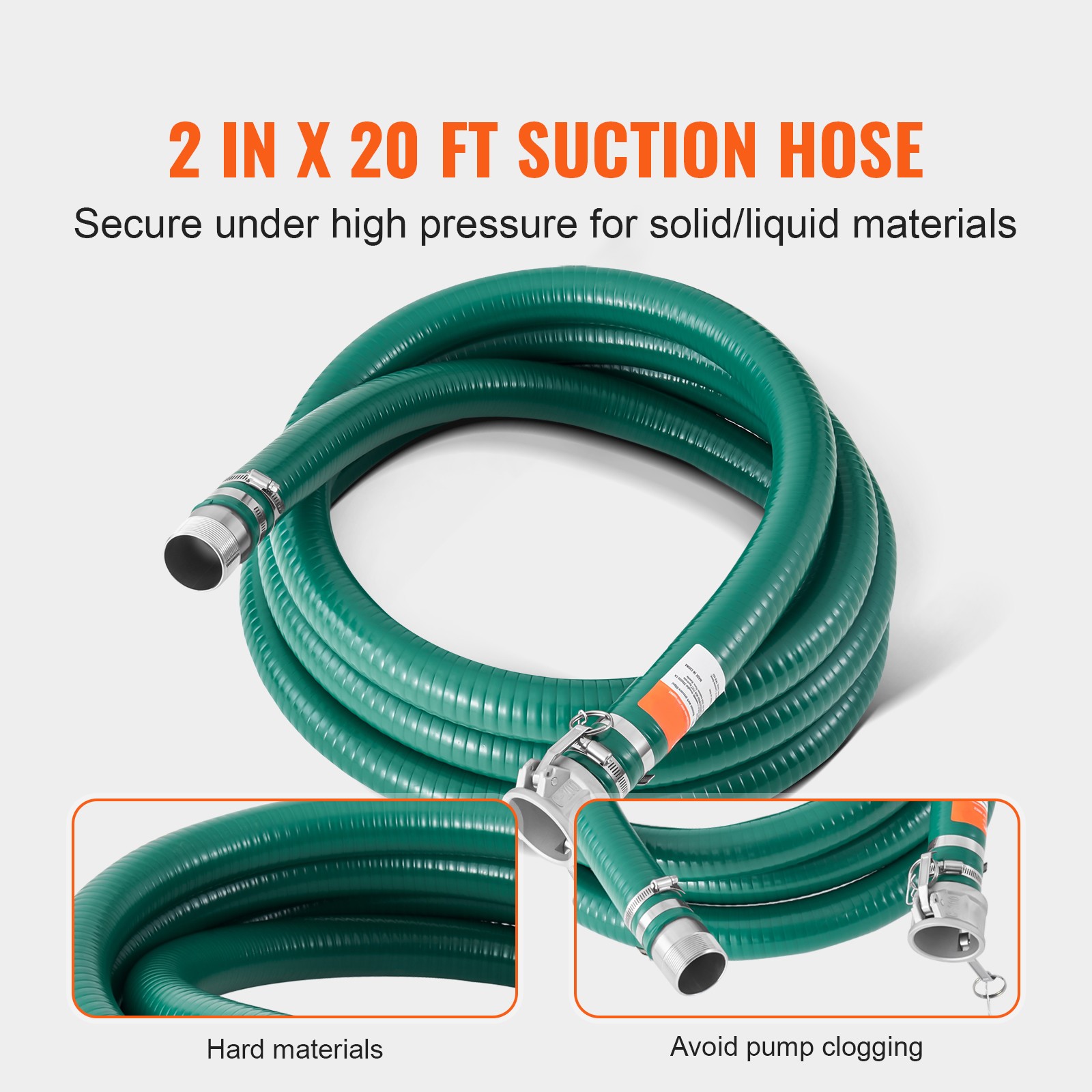 Suction Hose 2 in x 20 ft Green High Quality Hose Complete Fittings