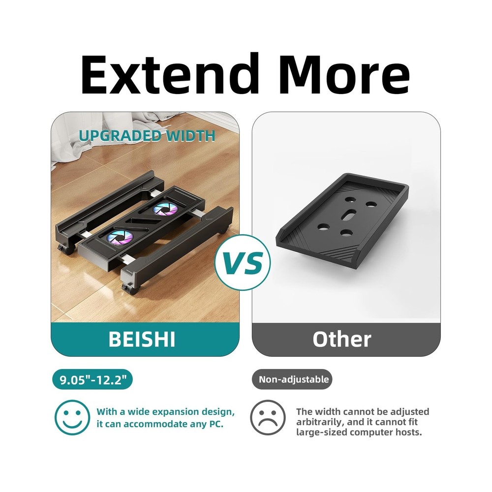 Adjustable Computer Tower Stand with Cooling Fan, Mobile CPU Holder with 4 Ro...